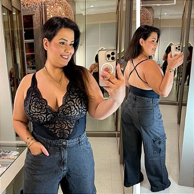 Body Alça Renda Ágata Preto e Bege Plus Size