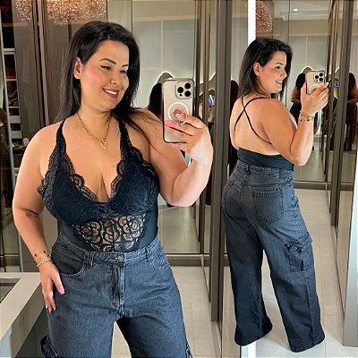 Body Alça Renda Ágata Preto Plus Size