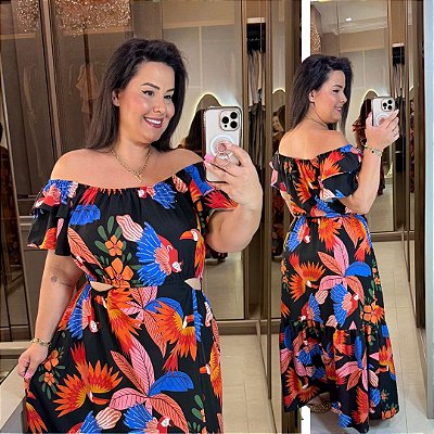 Vestido Anastasia Ciganinha Preto Passáros Plus Size