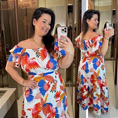 Vestido Anastasia Ciganinha Branco Pássaros Plus Size