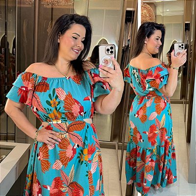Vestido Anastasia Ciganinha Verde Pássaros Plus Size