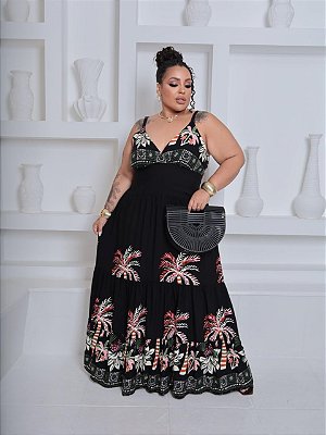 Vestido Alça Farm Verão Preto Plus Size