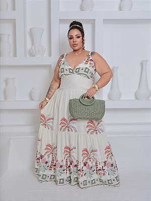 Vestido Alça Farm Verão Bege Plus Size