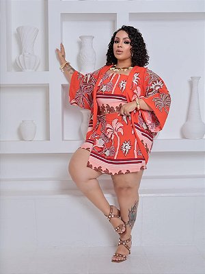 Trijunto Kimono Tropical Laranja Plus Size