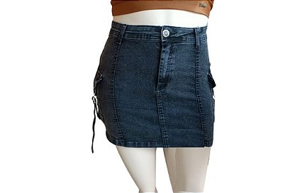 Saia Jeans Cargo FF Késia Preta Plus Size