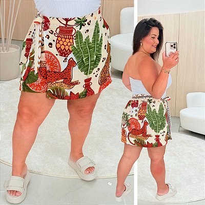 Short Saia Kate Bege Estampado Plus Size
