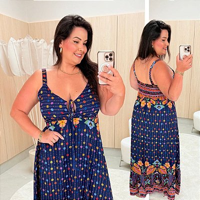 Vestido Longo Angra Azul Estampado Plus Size