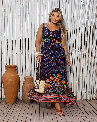 Vestido Longo Angra Azul Estampado Plus Size