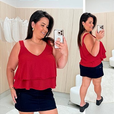 Blusa Regata Babado Lana Vermelha Plus Size