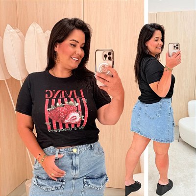 T shirt Algodão Living Preta Estampada Plus Size