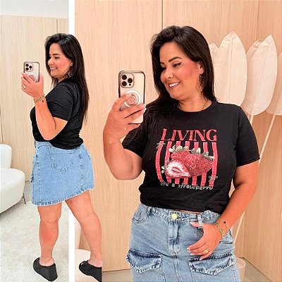 T shirt Algodão Living Preta Estampada Plus Size