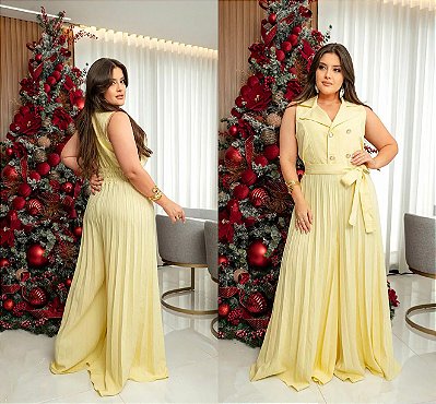 Macacão Plissado Gabriela Amarelo Plus Size