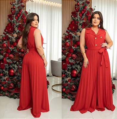 Macacão Plissado Gabriela Vermelho Plus Size