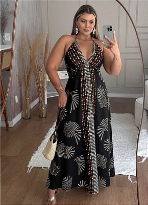 Vestido Lenço Adrieli Preto Folhas Plus Size