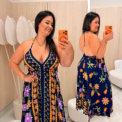 Vestido Lenço Adrieli Azul Estampado Plus Size