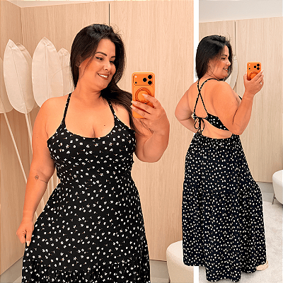 Vestido Longo Isabela Preto Floral Plus Size