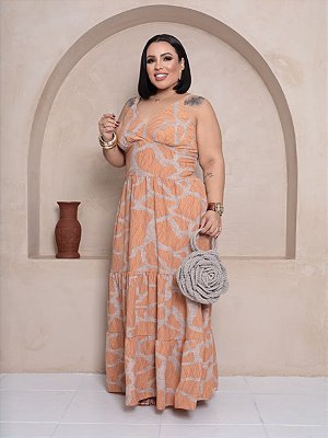 Vestido Alça Farm Jade Marrom Estampado Plus Size