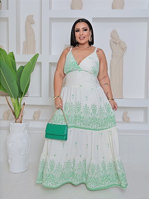 Vestido Alça Farm Kiara Estampado Verde Claro Plus Size