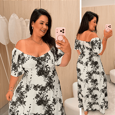 Vestido Vip Manga Marie Floral Preto Plus Size