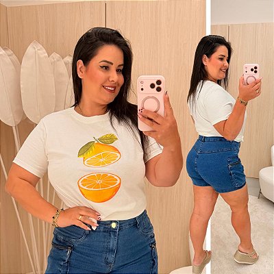 T shirt Michele Branca Estampa Laranja Plus Size
