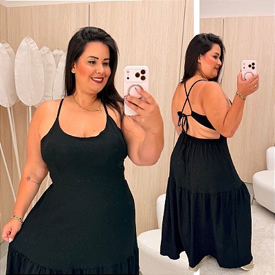 Vestido Longo Isabela Liso Preto Plus Size