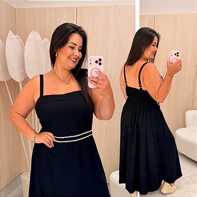 Vestido Alça Bordado Alexa Preto Plus Size