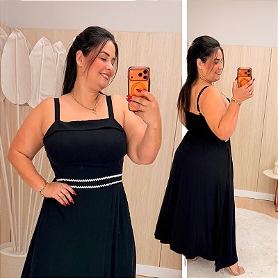 Vestido Alça Bordado Alexa Preto Plus Size
