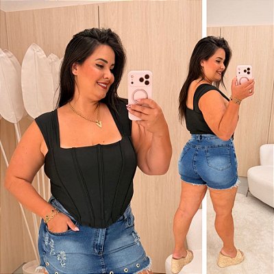 Cropped Jasmine Corselet Preta Plus Size