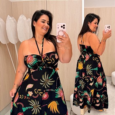 Vestido Multi Formas Preto Estampado Plus Size