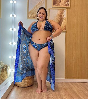Biquíni com saida Orla Preto e Azul Estampado Plus Size