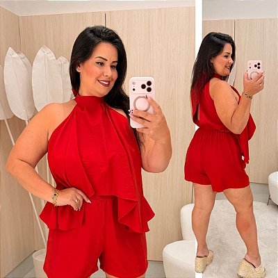 Macaquinho Babado Eloá Vermelho Plus Size