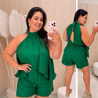 Macaquinho Babado Eloá Verde Bandeira Plus Size