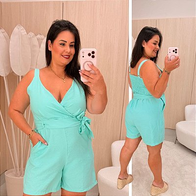 Macaquinho Mali Liso Verde Tiffany Plus Size