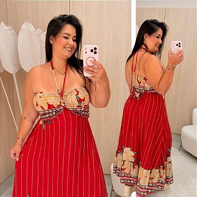 Vestido Longo Laura Vermelho Estampado Plus Size