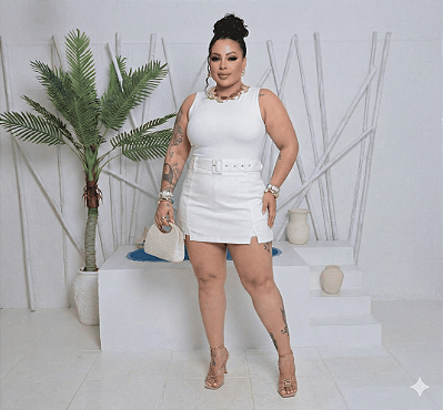 Short Saia Bengaline Selena Branco Plus Size
