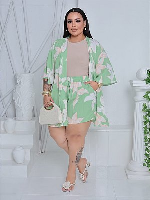 Conjunto Kimono Julia Verde Estampado Plus Size