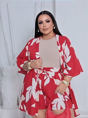 Conjunto Kimono Julia Vermelho Estampado Plus Size