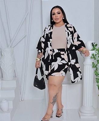 Conjunto Kimono Julia Preto Estampado Plus Size