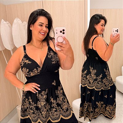 Vestido Alça Farm Maju Preto Estampado Plus Size