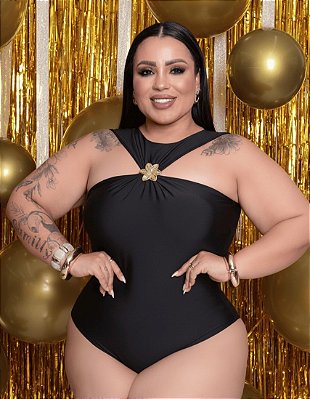 Body Gola Flor Mia Preto Plus Size