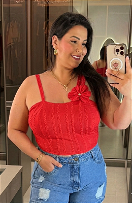 Cropped Flor Ribana Vermelho Plus Size