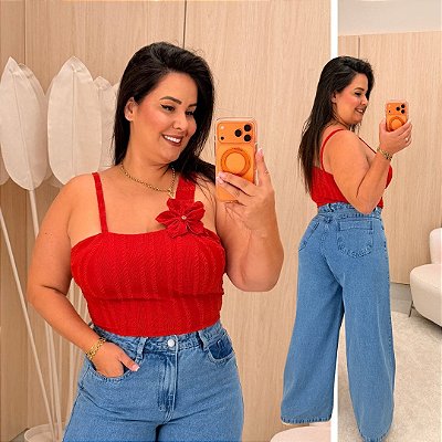 Cropped Flor Ribana Vermelho Plus Size