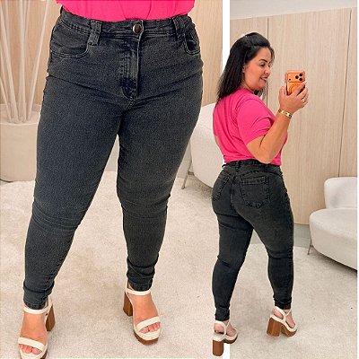 Calça Jeans Skinny FF Preta Marmorizada Betty Plus Size