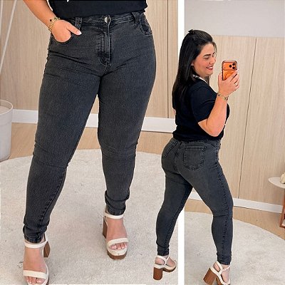 Calça Jeans Skinny FF Preta Marmorizada Betty Plus Size