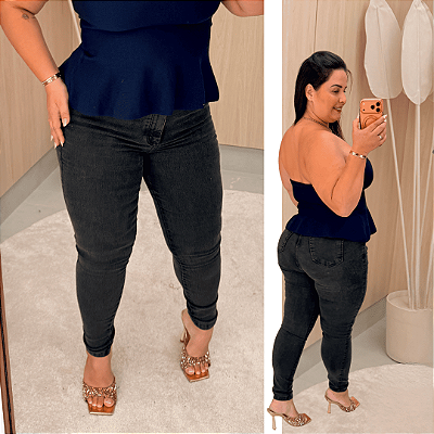 Calça Jeans Skinny FF Preta Marmorizada Betty Plus Size