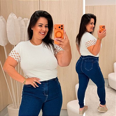 Blusa Manga Brilho Roberta Branca Plus Size