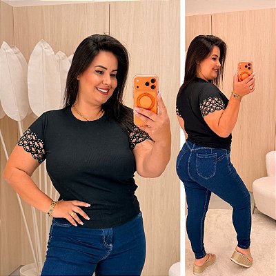 Blusa Manga Brilho Roberta Preta Plus Size