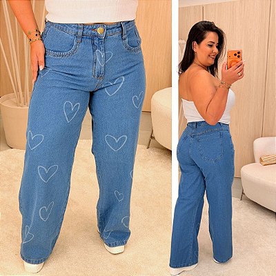 Calça Jeans Wide Leg Awa Coração Plus Size