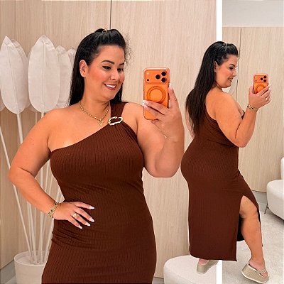 Vestido Nula Canelado Lilian Marrom Plus Size