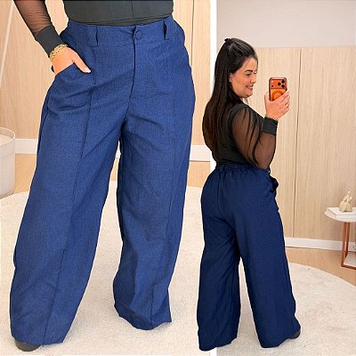 Pantalona Linhão Jussara Azul Marinho  Plus Size